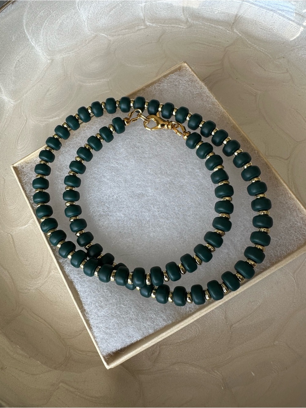 Handmade Evergreen and Gold Beaded Necklace